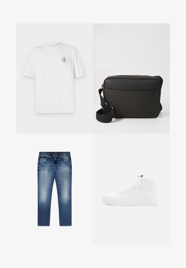 Witte katoenen t-shirt met een ontspannen pasvorm, voorzien van een klein zwart graphic logo op de linkerkant van de borst. Korte mouwen, ronde hals.; Blauwe vervaagde denim jeans met voorzakken, riemlussen en een knoopsluiting, plat gelegd op een witte achtergrond.; Witte high-top sneaker gemaakt van glad synthetisch materiaal. Beschikt over een rits aan de zijkant, ronde neus en een gestructureerde rubberen zool.; Zwarte schoudertas gemaakt van gestructureerde stof, met een ritssluiting, verstelbare schouderriem en een reliëflogo op het voorpaneel.