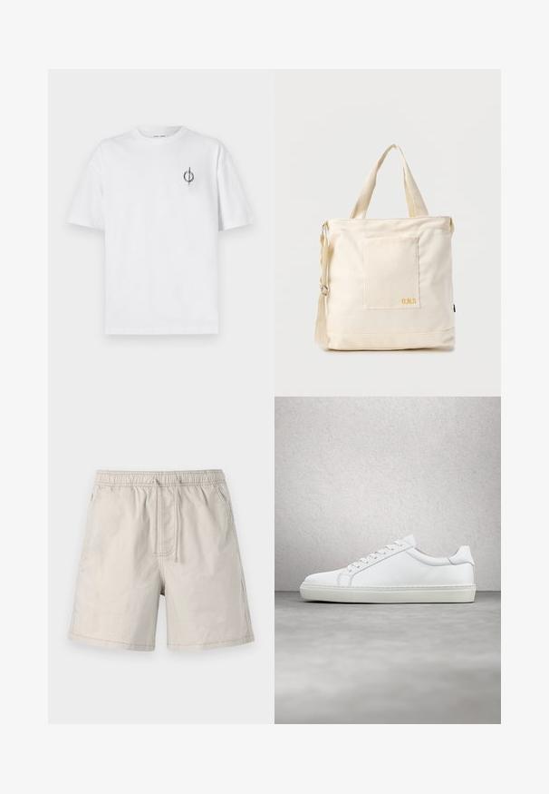 Witte katoenen t-shirt met een ontspannen pasvorm, voorzien van een klein zwart graphic logo op de linkerkant van de borst. Korte mouwen, ronde hals.; Beige shorts gemaakt van lichtgewicht stof, met een elastische tailleband, trekkoord en zijzakken met contrasterende stiksels.; Witte sneaker met een gladlederen bovenwerk en een laag profiel. Voorzien van een ronde neus, zes vetergaatjes en een gestructureerde rubberen zool.; Crèmekleurige canvas boodschappentas met voorvak, twee handvatten, verstelbare schouderriem en kleine gele "O.N.S" tekst rechtsonder op het vak.