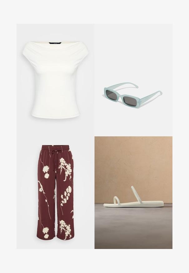 Hvid off-shoulder top, tætsiddende design, blødt strækstof, korte ærmer og en glat overflade uden synlige mønstre eller udsmykninger.; Bordeaux brede benbukser lavet af glat stof med hvidt blomsterprint, udstyret med en elastisk talje og snor til justerbar pasform.; Beige minimalistisk sandal med to tynde remme, placeret over et tekstureret tæppe, med et rundt træbord og stablede bøger i baggrunden.; Et par rektangulære solbriller med lyseblå gennemsigtige stel og mørkegrå linser, der har lige templer og minimale hardware detaljer.