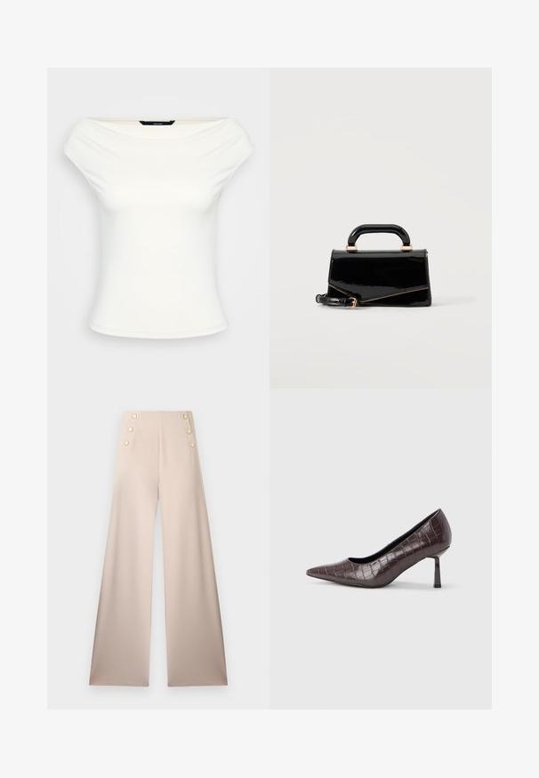Haut blanc à épaules dénudées, design cintré, tissu extensible doux, manches courtes et texture lisse sans motifs ou embellissements visibles.; Pantalon beige à jambes larges, taille haute avec deux rangées verticales de trois boutons décoratifs dorés à l'avant.; Escarpins à bout pointu en similicuir marron avec une texture crocodile, dotés d’un talon fin et angulaire ainsi que d’une doublure intérieure lisse.; Sac à main rectangulaire noir brillant avec poignée supérieure, ferrures dorées et bandoulière amovible, posé sur un fond clair uni.