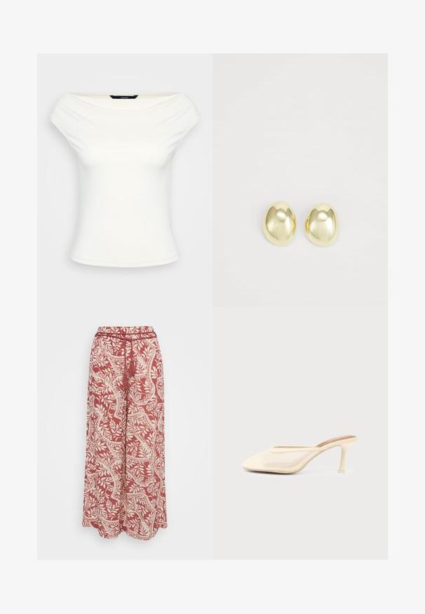 Hvid off-shoulder top, tætsiddende design, blødt strækstof, korte ærmer og en glat overflade uden synlige mønstre eller udsmykninger.; Vero Moda Petite VMBALI WIDE PANTS - Bukser - marsala; Kremfarvet mulehøjhælet sko med spids tå og mesh-sider, vist mod en ensartet lys baggrund.; Guldtonede metalstudøreringe med en glat, rund form og poleret overflade. Simpelt design uden yderligere dekorationer.