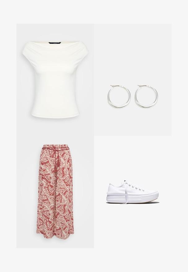 Biela top bez ramienok, priliehavý strih, mäkká elastická tkanina, krátke rukávy a hladká textúra bez viditeľných vzorov alebo ozdôb.; Vero Moda Petite VMBALI WIDE PANTS - Nohavice - marsala; Biela nízka plátenná teniska s hrubou platformovou podrážkou, šnurovaním vpredu a gumovou špičkou s textúrou, zobrazená z bočnej strany.; Strieborné kruhové náušnice majú hladký, zaoblený dizajn s tenkým profilom a bezpečným zapínaním. Minimalistický štýl s lešteným povrchom.