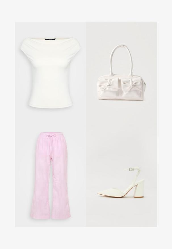 Hvid off-shoulder top, tætsiddende design, blødt strækstof, korte ærmer og en glat overflade uden synlige mønstre eller udsmykninger.; Lyserøde stribede bukser lavet af letvægtsstof, med snor i taljen og en afslappet, bred benpasform. Lodrette striber tilføjer subtil tekstur.; Hvide hælede sandaler med spids tå, justerbar ankelrem og en kraftig firkantet hæl. Glat tekstur med minimale syninger.; Hvid syntetisk håndtaske med to forlommer, hver med en bundet sløjfedetalje. Glat tekstur, afrundede håndtag og lynlås lukning.