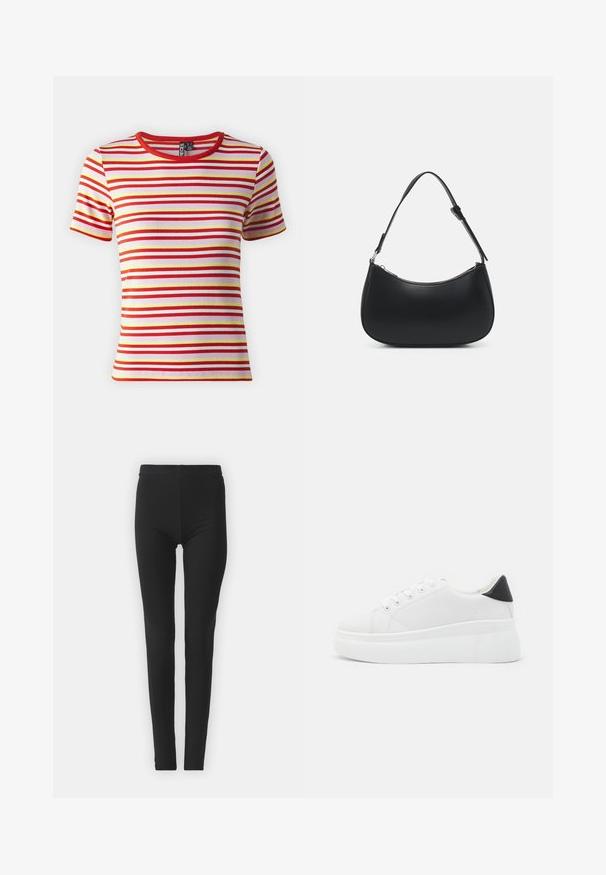 Pieces PCJAYJAY - Camiseta estampada - cloud dancer/pirouette/acid lime; Leggings negros y elásticos con un ajuste ceñido, que cuentan con una cintura alta y una textura suave. Sin patrones visibles ni detalles de hardware.; Zapatillas de plataforma blancas hechas de material sintético suave, con punta redondeada, diseño de cordones y suela de goma texturizada. Acento en el talón negro.; Pieces PCALUANA SHOULDER BAG - Bolso de mano - black