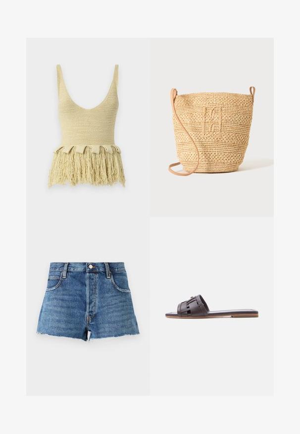 Nanushka ZULMA - Débardeur - dusty yellow; FRAME THE HANG - Short en jean - dark blue; Sandale plate en cuir marron avec détail de sangle tissée et semelle fine sur fond blanc.; Sac seau en paille tressée avec motif texturé et bandoulière en cuir, présenté debout sur un fond clair uni.