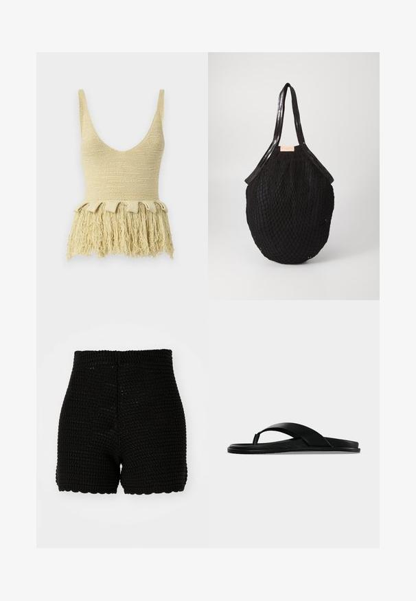 Nanushka ZULMA - Top - dusty yellow; Zwarte gehaakte shorts met een geribbelde textuur, hoge tailleband en golvende zoom. Ontworpen voor een getailleerde pasvorm en ademend materiaal.; Zwarte platte sandaal met teenriem en brede band die de voet overspant, getoond vanuit een zijaanzicht op een effen achtergrond.; Zwarte geweven tas met een ovale vorm, voorzien van gladde handvatten en een gestructureerd netachtig ontwerp. Etiket zichtbaar aan de zijkant.