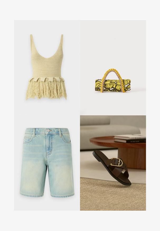 Nanushka ZULMA - Top - dusty yellow; Hellblaue Denim-Shorts mit einem verblassten Finish, ausgestattet mit einem Fünf-Taschen-Design, sichtbaren Nähten und einem Metallknopfverschluss am Bund.; Braune Leder-Slipper-Sandale mit goldener Schnalle auf beigem Teppich, im Hintergrund ein Holztisch und Bücher.; Rechteckige Tasche mit gelbem und schwarzem Blumenmuster und geflochtenem gelb-pinkem Griff auf weißem Hintergrund.