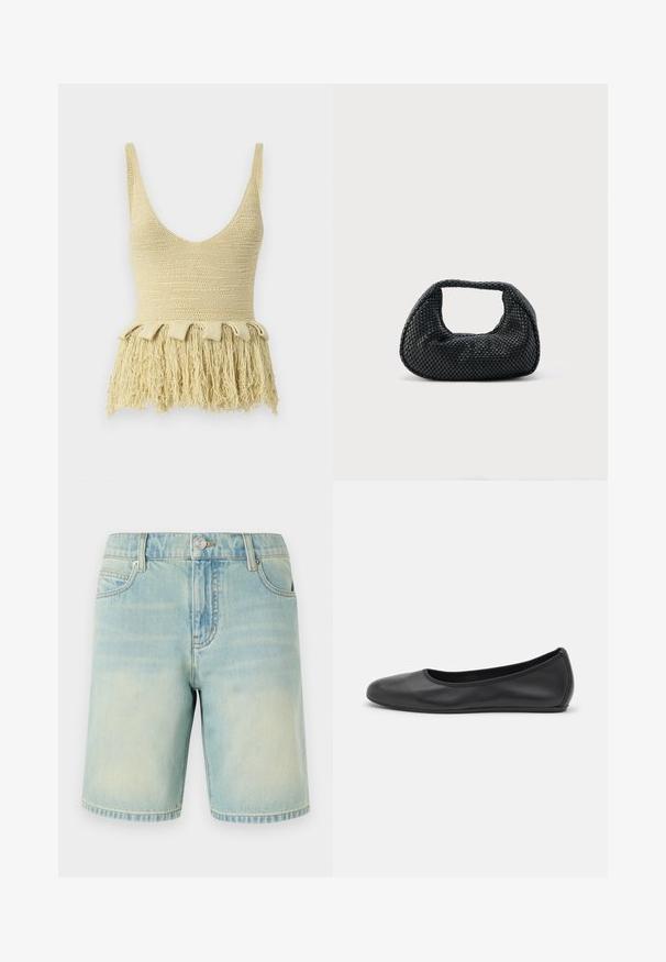 Nanushka ZULMA - Top - dusty yellow; Hellblaue Denim-Shorts mit einem verblassten Finish, ausgestattet mit einem Fünf-Taschen-Design, sichtbaren Nähten und einem Metallknopfverschluss am Bund.; Schwarze Leder-Ballettschuhe mit abgerundeter Spitze, glatter Textur, minimalen Nähdetails und einem flexiblen Sohlen-Design.; Schwarze gewebte Hobo-Tasche mit weicher Struktur und integriertem Griff, dargestellt vor einem schlichten hellen Hintergrund.