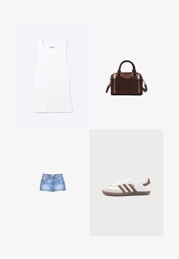Débardeur blanc côtelé sans manches avec encolure ronde et une petite étiquette indiquant "WEEKDAY" à l'intérieur du col.; Jupe en denim bleu clair avec un ourlet effiloché, fermeture à boutons sur le devant et deux poches à l'avant. Les détails usés ajoutent de la texture.; Baskets Adidas Samba blanches avec des bandes en daim marron, semelle en caoutchouc marron et bout en daim beige, vues du côté extérieur sur un fond uni.; Sac à main rectangulaire en cuir marron avec deux poignées, deux poches zippées verticales à l'avant et une bandoulière détachable.