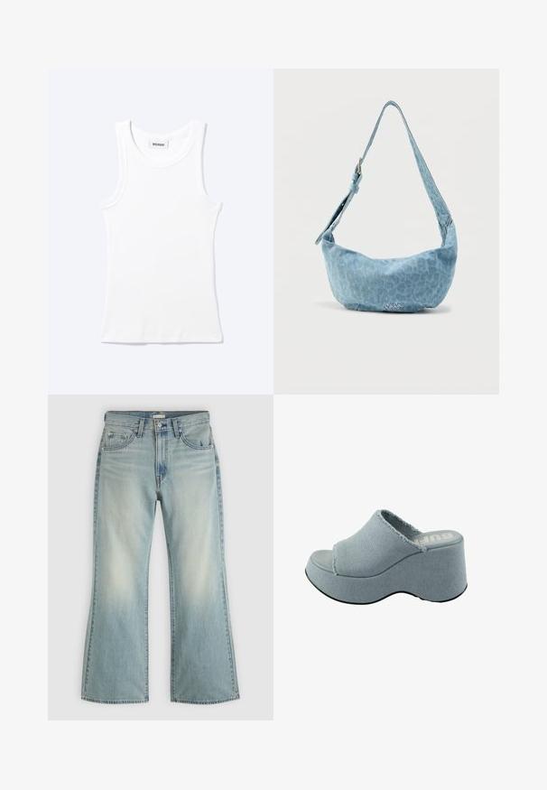 Camiseta sin mangas blanca con textura de canalé, cuello redondo y una pequeña etiqueta que dice "WEEKDAY" en el interior del cuello.; Vaqueros de mezclilla azul claro con cintura alta, cierre delantero con botón y cremallera, cinco bolsillos y piernas ligeramente acampanadas.; Chancla de plataforma de color azul claro con parte superior de tela deshilachada, diseño de punta abierta, suela gruesa y redondeada, y suela gris texturizada.; Bolso de hombro de mezclilla azul claro con forma curva, correa ajustable y sutil estampado de leopardo. Presenta un detalle con el logotipo en el frente.