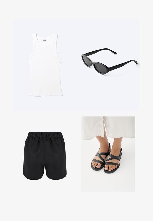 Hvid ærmeløs ribstrikket top med rund halsudskæring og en lille label med teksten "WEEKDAY" indeni kraven.; Sorte shorts med elastisk talje. Blødt stof, enkelt design og let afrundet kant nederst. Ingen synlige mønstre eller logoer.; Fødder iført sorte sandaler med stropper og ankelspænder, kombineret med et hvidt tøjstykke, der slutter over anklerne, på en hvid baggrund.; Slanke sorte ovale solbriller med mørke linser og lige arme, hvilende på en hvid overflade.