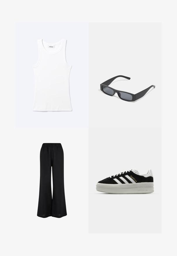 Camiseta sin mangas blanca con textura de canalé, cuello redondo y una pequeña etiqueta que dice "WEEKDAY" en el interior del cuello.; Pantalones de pierna ancha negros, fabricados con un tejido ligero. Cuentan con una cinturilla elástica y un diseño fluido hasta el suelo.; Zapatillas negras de ante con detalles en cuero blanco, tres rayas blancas, cordones planos y una gruesa suela de plataforma gris. Marca "Gazelle" en dorado.; Gafas de sol negras rectangulares con lentes oscuros y montura gruesa mate. Las varillas son ligeramente cónicas con una textura suave.