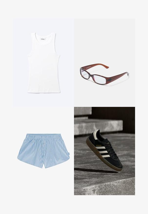 Débardeur blanc côtelé sans manches avec encolure ronde et une petite étiquette indiquant "WEEKDAY" à l'intérieur du col.; Shorts rayés bleu et blanc avec une taille élastique, deux boutons sur le devant et une coupe décontractée. Le tissu semble lisse avec une texture légère.; Baskets Adidas noires avec des bandes blanches et une semelle en gomme flottant au-dessus d'escaliers en béton gris sous une lumière naturelle.; Lunettes rectangulaires teintées de brun avec une finition brillante, dotées de branches fines et de verres transparents. Logo visible sur la branche gauche.