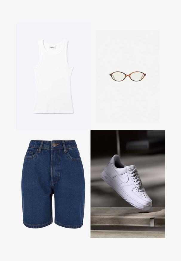 Hvid ærmeløs ribstrikket top med rund halsudskæring og en lille label med teksten "WEEKDAY" indeni kraven.; Denim shorts med en mørkeblå farve, høj talje, fem-lomme design og kontrasterende orange syninger. Stof ser tekstureret ud.; Hvid Nike Air Force 1 sneaker svævende over en betonoverflade med skygger i et minimalistisk miljø.; Skildpaddebriller med ovale linser og en elegant, glat finish. Har tynde sider med en subtil kurve ved tindingerne. Klare linser.
