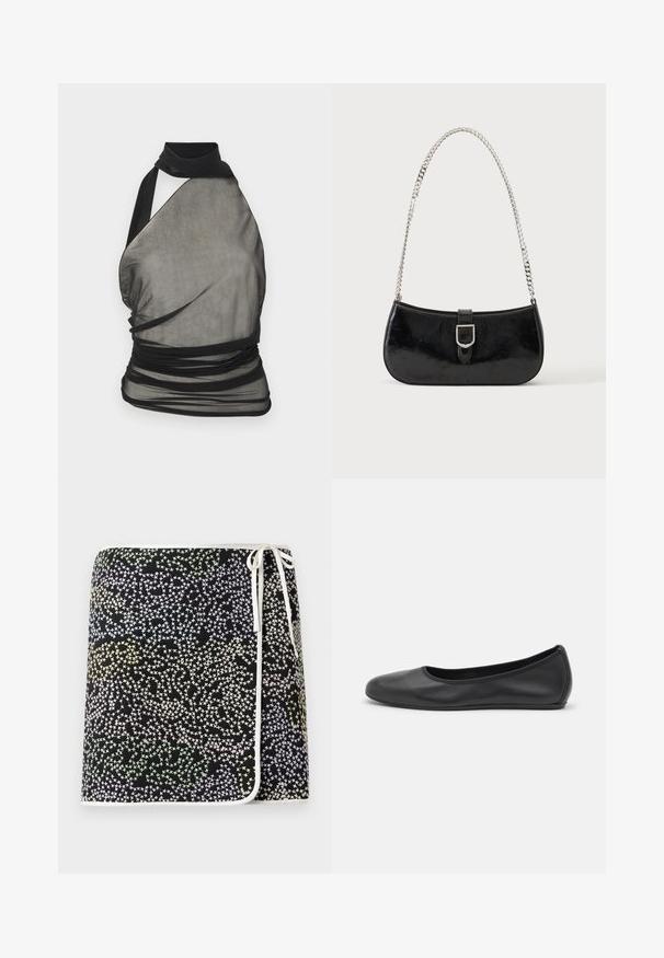 Ludovic de Saint Sernin Top - black; Sort omslagskjorte med et flerfarvet stjernemønster i nuancer af pastellgul, grøn og blå, fremhævet med hvid kant og bånd.; Sort læderballetsko med rund tå, glat tekstur, minimal syning og et fleksibelt såldesign.; Sort skuldertaske i laklæder med sølv spænde og sølv kæderem, vist mod en ensartet lys baggrund.