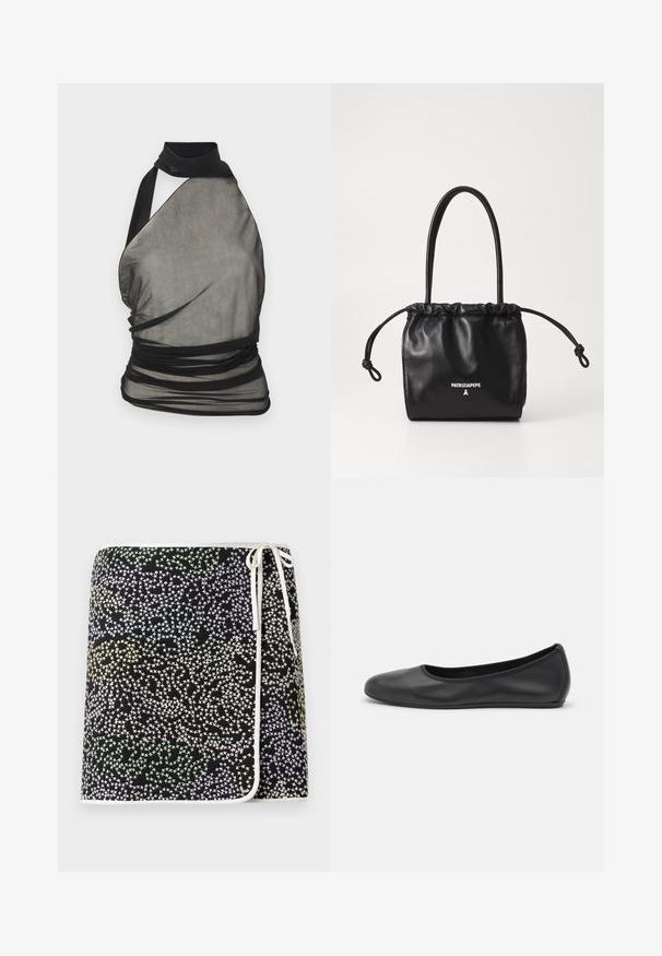 Ludovic de Saint Sernin Top - black; Sort omslagskjorte med et flerfarvet stjernemønster i nuancer af pastellgul, grøn og blå, fremhævet med hvid kant og bånd.; Sort læderballetsko med rund tå, glat tekstur, minimal syning og et fleksibelt såldesign.; Sorte læderhåndtaske med en blød, sammensnøret toplukning og lange skulderstropper. Har et logo i hvidt på fronten. Glat tekstur.