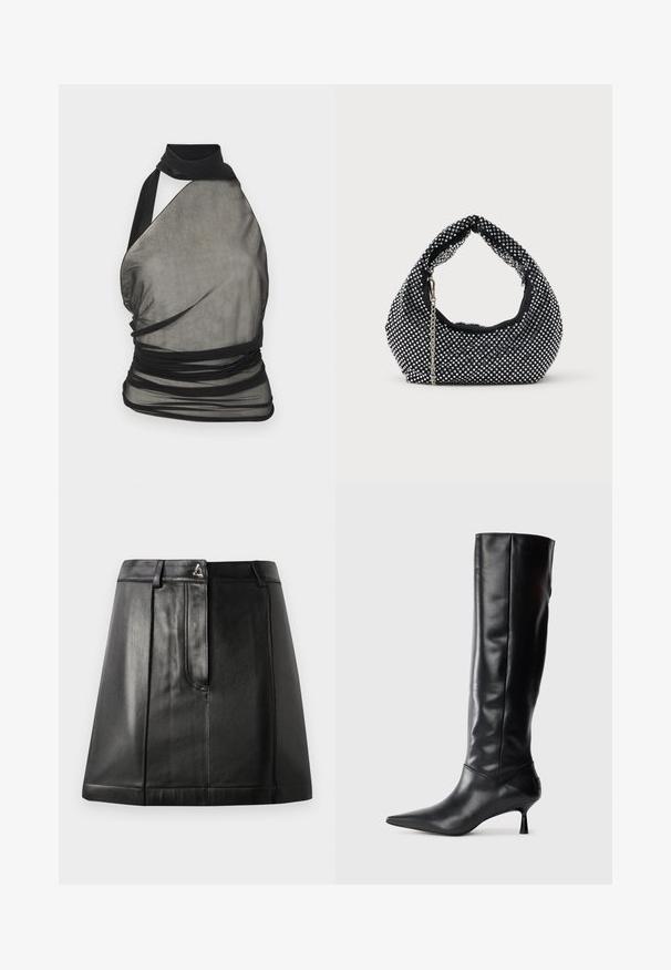 Ludovic de Saint Sernin Top - black; Sorte læderskirt med en struktureret form, der har en frontlomme og en metalaccent i taljen. Glat tekstur og broderede detaljer.; Sorte læder knæhøje støvler med spids tå og slank buet hæl. Glat tekstur, tætsiddende design og ingen synlig hardware eller mønstre.; Sort mesh håndtaske prydet med sølvnitter, udstyret med et buet håndtag og en kædetraspe. Blød tekstur med en rund form.