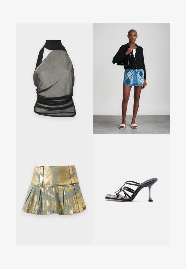 Ludovic de Saint Sernin Top - black; Gul og teal plisseret denimnederdel med en blank overflade, der har en tætsiddende talje og kontrasterende syninger.; Sort højhælet sandal med stropper, firkantet tå og tynd stilet hæl, med overlappende stropper og en knudedetalje på overdelen.; Sort striktrøje, hvid top, denimnederdel med blå og sort diamantmønster, sort håndtaske og beige slidesandaler.