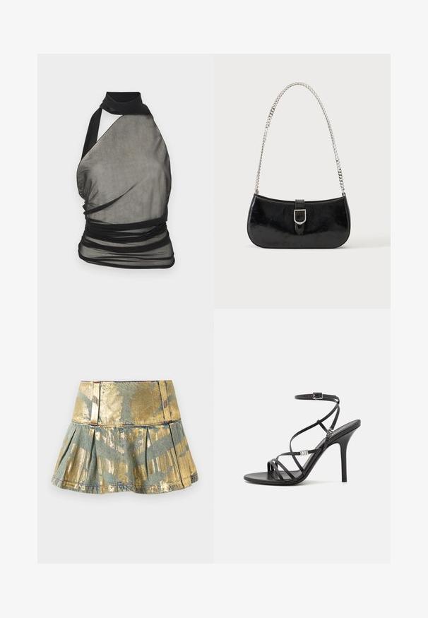 Ludovic de Saint Sernin Top - black; Gouden en teal geplooide spijkerrok met een glanzende afwerking, met een aansluitende tailleband en contrasterende stikseldetails.; Zwarte hoge hakken sandaal met dunne banden, een enkelgesp, een gladleren oppervlak en een slanke stilettohak.; Zwarte lakleren schoudertas met een zilveren gespdetail en een zilveren kettingriem, getoond tegen een effen lichte achtergrond.