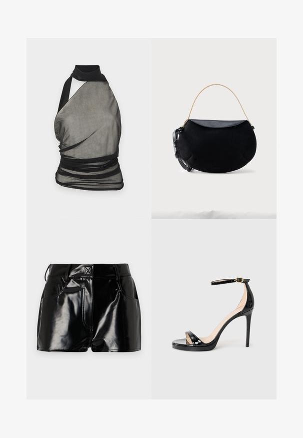 Ludovic de Saint Sernin Top - black; Sorte, blanke shorts lavet af syntetisk materiale. Har en tætsiddende talje, bælteslaufer og forlommer med fremtrædende stikninger.; Sorte patentlæder høje hæle sandaler med ankelrem og guldspænde, åben tå og slank stilethæl på en ensfarvet baggrund.; Sort halvåformet håndtaske med glat læderklap, gyldent kædehåndtag og justerbar sort læderrem på hvid baggrund.
