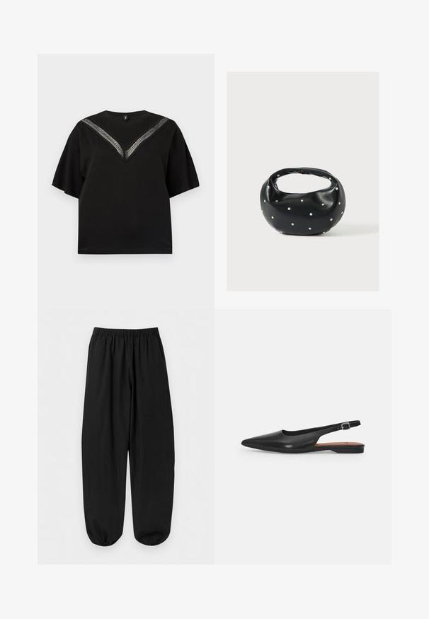 Camiseta negra de manga corta con detalle de encaje en forma de V sobre el pecho y los hombros, escote redondo, ajuste holgado.; Pantalones negros de corte holgado con cintura elástica y puños elásticos en los tobillos, mostrados extendidos sobre un fondo claro.; Zapato de cuero negro tipo slingback con punta afilada, ligero brillo y correa ajustable en el tobillo. Tacón plano con plantilla marrón.; Bolso de mano de cuero negro con forma redondeada, decorado con detalles de tachuelas plateadas y un asa corta. Textura lisa y cierre con cremallera.