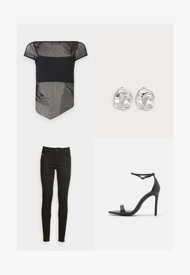 Zwart doorschijnend mesh top met een vierkante halslijn, korte mouwtjes en een asymmetrische zoom.; Zwarte slim-fit jeans met voorzakken, riemlussen, knoopsluiting en rits, weergegeven tegen een witte achtergrond.; Zwarte hoge hakken sandalen met een open teen, dunne banden en een enkelsluiting. Gladde leren textuur met een puntige neus.; Zilveren abstracte studs met een gepolijste afwerking, met gladde rondingen en subtiele contouren. Geen zichtbare patronen of accenten.