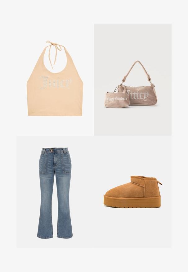 Licht beige haltertop van zachte stof met een ronde halslijn, versierd met rhinestones die "Juicy" aan de voorkant spellen.; Blauwe denim jeans met hoge taille, voorzakken met patch, knoop- en ritssluiting en een licht uitlopende broekspijpsilhouet.; Bruine suède enkellaarzen met een ronde neus, laag uitgesneden ontwerp en een gestructureerde rubberen zool met een lichte plateauzool en een trekhaak.; Twee beige suède Juicy Couture-tassen, één een kleine polstas met logo, de andere een schoudertas met strass-steentjes die het woord "Juicy" vormen.
