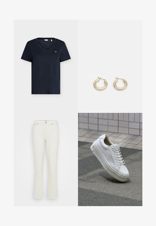 Camiseta azul marino de manga corta con cuello en V y pequeño logo bordado en el pecho izquierdo, diseño sencillo, mostrada sobre un fondo liso.; Jeans de mezclilla blancos acampanados con un acabado texturizado, diseño de cinco bolsillos, cierre de botón de metal y detalles de costura sutiles en las costuras.; Zapatilla de cuero blanca con diseño bajo, cordones planos, punta redondeada y laterales texturizados. Suela de goma gruesa con acentos sutiles.; Lauren Ralph Lauren BASIC SMALL HOOP - Pendientes - gold-coloured