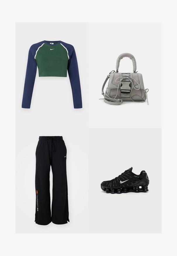 Dlhý rukáv skrátený sweatshirt s tmavozeleným predným dielom, námořníckymi modrými rukávmi, bielym lemovaním a bielym logom Nike na hrudi.; Čierne tepláky vyrobené z bavlny, s elastickým pásom na šnúrku, bočnými rozparokmi na leme a kontrastným oranžovým a bielym textom na jednej nohe.; Čierna Nike športová obuv so strieborným logom Swoosh, sieťovinovým a syntetickým zvrškom a výraznou segmentovanou podrážkou s poduškami.; Sivá textúrovaná kabelka s polstrovanou rukoväťou, sieťovými akcentmi, nastaviteľným remienkom a predným uzávierom. Kompaktný dizajn s guľatým tvarom.