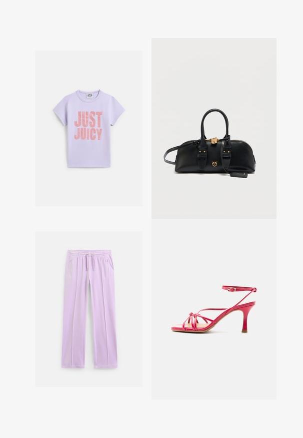 Lila katoenen T-shirt met korte mouwen, met grote metallic roze tekst "JUST JUICY" op de voorkant. Standaard ronde hals ontwerp.; Lichtpaarse sweatpants met rechte pijpen, een elastische tailleband, verstelbare trekkoorden en ritszakken aan de zijkanten.; Roze sandalen met hoge hak, open teen, dun enkelbandje met gesp en kittenhak op een effen witte achtergrond.; Zwart leren handtas met ronde vorm, dubbele handvatten aan de bovenkant, gouden metalen accenten, ritssluiting en een klein label eraan bevestigd.