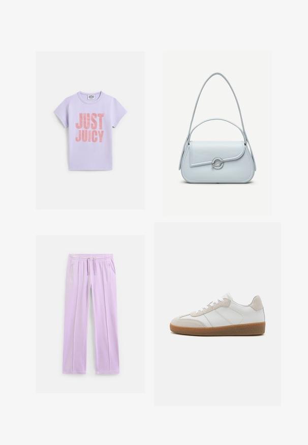 Lyserød bomuld t-shirt med korte ærmer, med stor metallisk pink tekst "JUST JUICY" på forsiden. Standard rund halsudskæring.; Lyse lilla sweatpants med lige ben, elastisk talje, justerbare snore og lynlåslommer i siderne.; Hvide lædersneakers med beige ruskindsdetaljer, struktureret tunge og gummisål. Har hvide snørebånd og diskrete stikninger.; Lyseblå lædertaske med rundet flap, sølvfarvet cirkulært lås og to skulderstropper mod en ensfarvet baggrund.