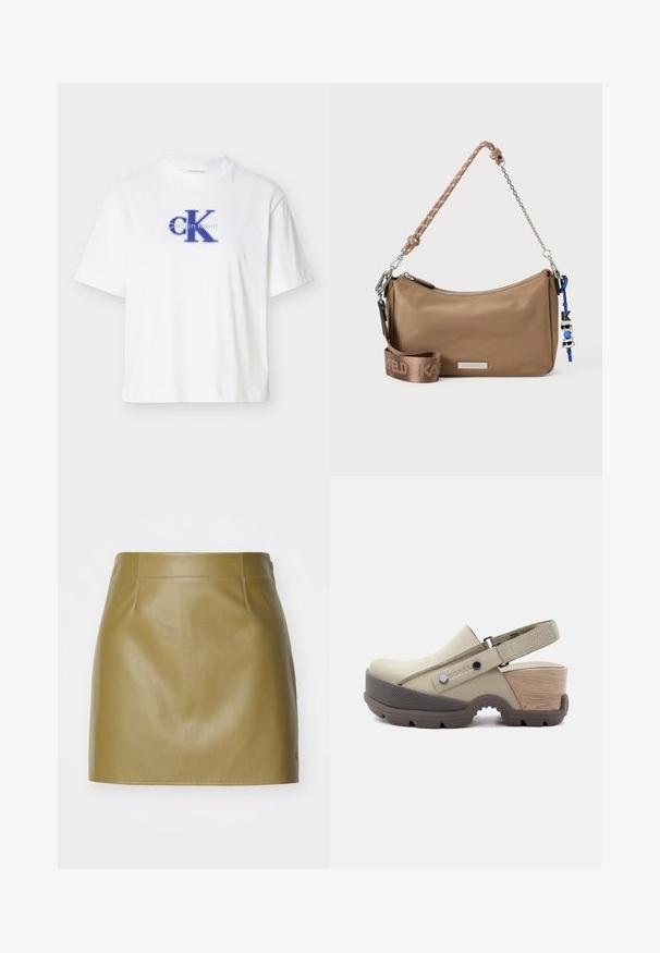 Witte T-shirt met korte mouwen van katoen met een ronde halslijn, voorzien van een blauw "CK" logo en tekst in contrasterende blauwe print.; Olijfgroene leren miniskirt met een gladde textuur, voorzien van twee voornaadstomen en een rechte snit, afgewerkt met minimalistische stikseldetails.; Beige gesloten klomp met verstelbare enkelriem, grove bruine zool met profiel en blokhak met houtnerfstructuur.; Bruine nylon schoudertas met een gevlochten schouderband, een kettinghandvat, zilverkleurige hardware, ritssluiting en een charm met cartoonfiguren.