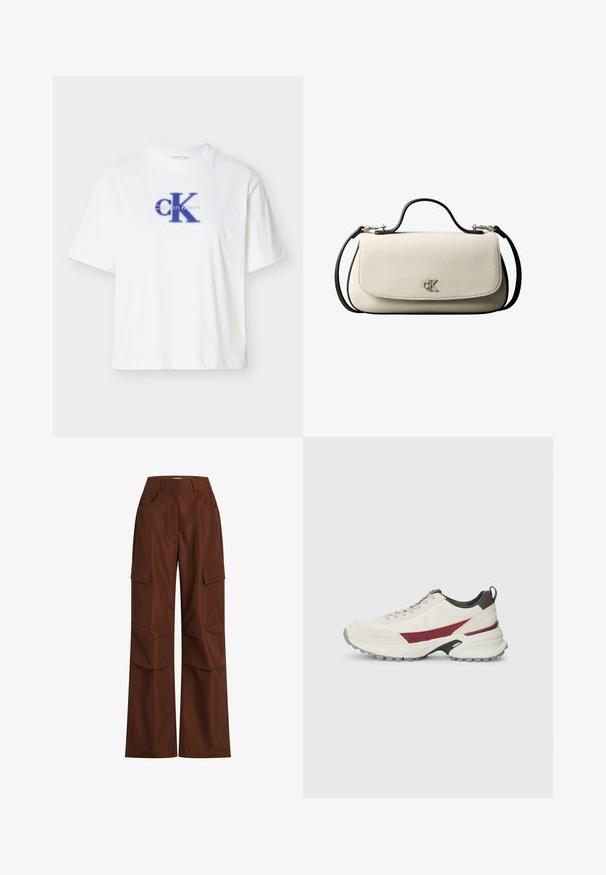 Hvid kortærmet T-shirt lavet af bomuld med rund halsudskæring, med en blå "CK"-logo og tekst i kontrasterende blå tryk.; Brune cargo-bukser med brede ben, flere sidelommer, høj talje og robust bomuldsstof med en glat textured.; Sneaker i off-white med burgundy accenter, tekstureret overmateriale, robust gummisål, rund tå og snøresystem.; Cremefarvet rektangulær håndtaske med sort rem og håndtag, foran klaplukning samt lille sølvfarvet "cK" logo midt foran.
