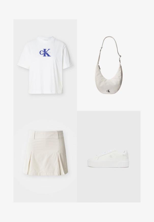 T-shirt blanc à manches courtes en coton avec un col rond, arborant un logo "CK" bleu et un texte imprimé en bleu contrastant.; Jupe en coton beige clair avec une taille ajustée, un design plissé et un ourlet droit, présentant une texture lisse et sans éléments métalliques visibles.; Baskets plateformes blanches avec une tige en cuir lisse, bout arrondi, lacets blancs et un logo discret sur le côté. Semelle en caoutchouc plate.; Sac d'épaule en cuir blanc en forme de croissant avec sangle réglable, fermeture à glissière et logo Calvin Klein noir sur le devant.