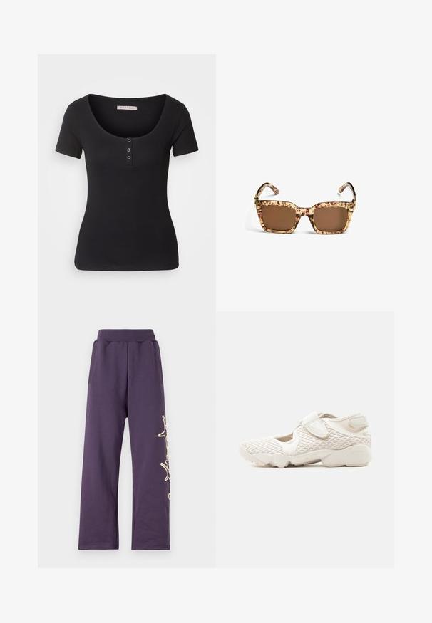 Sort ribbet t-shirt med korte ærmer og en bred rund halsudskæring. Har tre sølvknapdetaljer foran. Blød tekstur.; Lilla sweatpants med elastisk talje, sidelommer og et guld grafisk design på venstre ben. Blødt materiale med en løs pasform.; Lysebeige Nike-sneaker med overdel i mesh, velcroremme, polstret sål og udskårne sider, designet til komfort og åndbarhed.; Rektangulære brune solbriller med tykke stel og brune tonede linser, vist forfra på hvid baggrund.