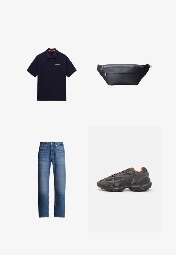 Marineblå polo med korte ærmer, to-knaps lukning og lille hvid logo-patch på venstre bryst.; Blå denimjeans med lige pasform, fem lommer og lynlås. Har en let falmet effekt og syninger langs sømmene.; Lacoste sneakers i mørkegrå med mesh og syntetisk materiale, udstyret med en tekstureret sål og brune accenter på kraven og brandingen.; Sort læder Calvind Klein bæltetaske med to lynlåslommer og justerbar rem med metalspænde.