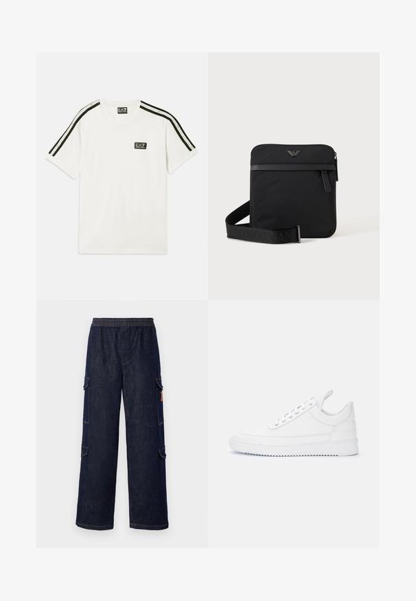 Weißes Baumwoll-T-Shirt mit Rundhalsausschnitt, kurzen Ärmeln, schwarzen Akzentstreifen an den Schultern und kleinem EA7-Logo auf der Brust.; Dunkelblaue Denim-Cargo-Hosen mit einem entspannten Schnitt, ausgestattet mit einem elastischen Bund, Seitentaschen und kontrastierenden Nähdetails.; Weißer Sneaker mit niedrigem Schaft, Schnürverschluss, abgesteppten Details, Zuglasche an der Ferse und profillierter Sohle vor einfachem hellem Hintergrund.; Schwarze quadratische Schultertasche mit Reißverschluss, Vordertasche und verstellbarem Riemen mit eingeprägtem Markennamen.