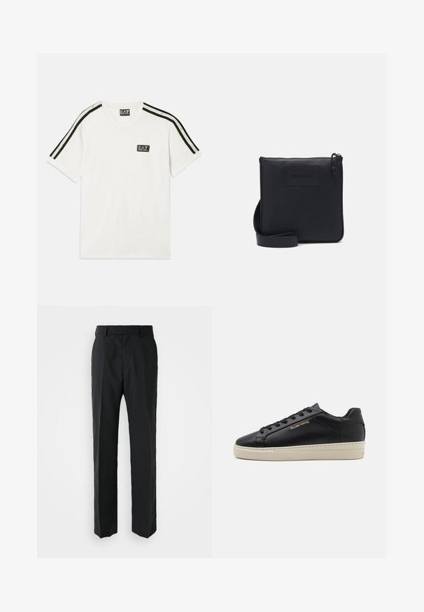 Weißes Baumwoll-T-Shirt mit Rundhalsausschnitt, kurzen Ärmeln, schwarzen Akzentstreifen an den Schultern und kleinem EA7-Logo auf der Brust.; Schwarze Hosen mit geradem Bein, hergestellt aus glattem Stoff. Verfügt über einen flachen Bund und keine sichtbaren Muster oder Verzierungen.; Schwarze Leder-Sneaker mit glatter Oberfläche, kontrastierender cremefarbener Sohle, abgerundeter Spitze, goldfarbenem Logo an der Seite und sechs Ösen für die Schnürsenkel.; Schwarze Leder-Umhängetasche mit strukturiertem Finish, rechteckiger Form, Reißverschluss und verstellbarem Träger. Mit subtiler Markenlogo auf der Vorderseite.