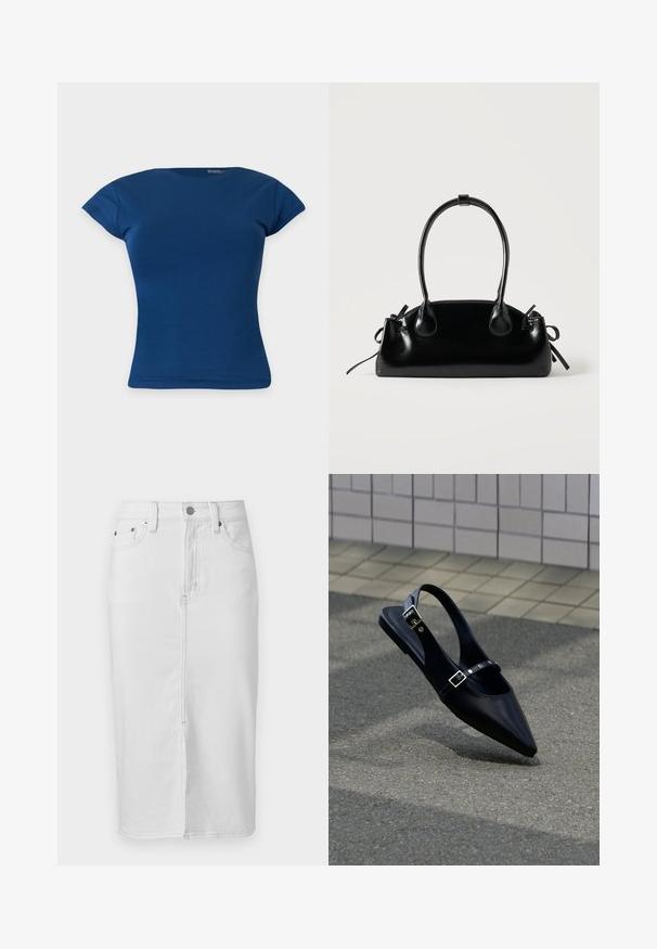 T-shirt bleu ajusté à manches courtes avec encolure ronde, présenté sur un fond clair uni.; Jupe en jean blanche longueur genou avec couture avant, passants de ceinture, bouton et deux poches avant.; Mocassin noir à bout pointu et bride arrière, avec double boucle, posé sur un asphalt gris près d'un mur carrelé en arrière-plan.; Petit sac à main noir brillant avec deux longues anses et des détails à cordon sur les côtés sur un fond clair uni.
