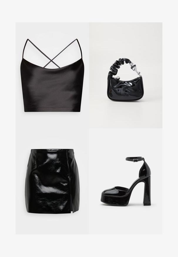 Even&Odd by Zalando Top - black; Zwarte mini-skirt gemaakt van glanzend materiaal. Heeft een zijrits en een split aan de rechterzijde voor extra detail en ontwerp. Gladde textuur.; Zwarte gepatenteerde leren plateauhakken met een enkelsluiting, ronde neus en een blokhak, die een gladde, glanzende textuur laten zien.; Zwarte, glanzende handtas van patenten materiaal met een gerimpelde handgreep, zilverkleurige hardware, ronde vorm, ritssluiting en een gladde, glanzende textuur.