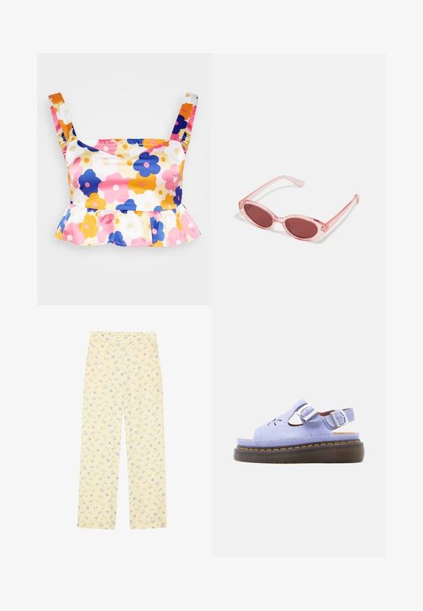 Monki Top - pink light; Pantalones de pierna ancha amarillos claros con un patrón floral en azul. Cintura elástica, textura suave y corte recto diseñado para la comodidad.; Sandalia plataforma de ante lila claro con doble hebilla, diseño floral recortado y suela gruesa negra con costura amarilla.; Gafas de sol transparentes rosas con lentes ovalados, tinte rojo oscuro y varillas delgadas, con un acabado suave y detalles sutiles en la montura.