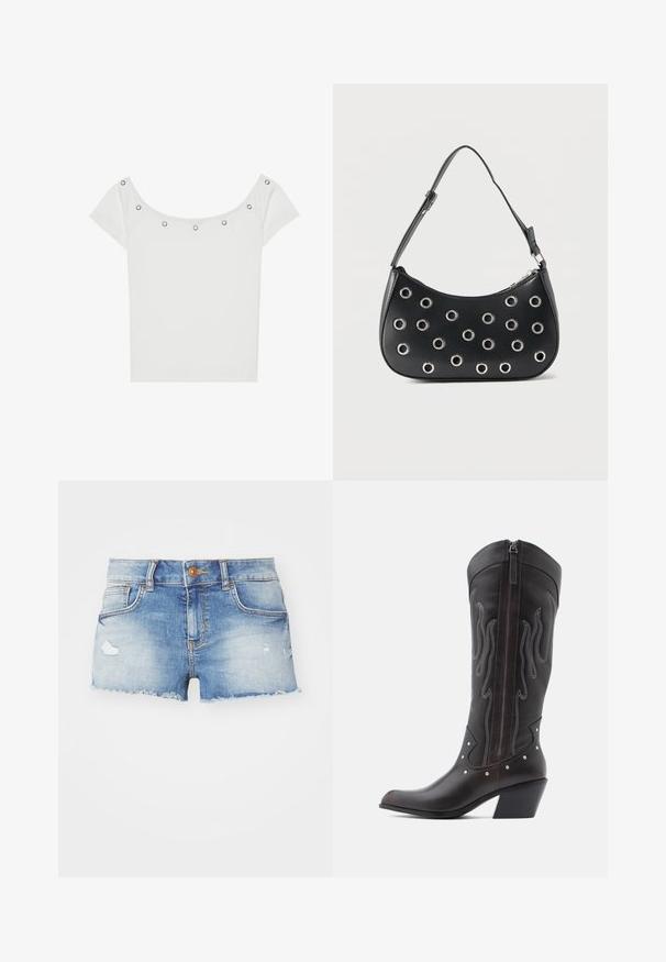 Weißes kurzärmliges Oberteil mit gerippter Textur und weitem Halsausschnitt, versehen mit fünf silbernen Metallösen entlang der vorderen Kante.; Jeans-Shorts in Hellblau mit einem ausgefransten Finish, fransigem Saum, Fünf-Taschen-Design und einem einzelnen Knopfverschluss auf der Vorderseite.; Braune Cowboy-Stiefel aus Leder mit Flammenstickerei, seitlichem Reißverschluss, silbernen Nieten, spitzer Zehenpartie und geschichtetem Absatz.; Schwarze Lederschultertasche mit verstellbarem Riemen, ausgestattet mit silbernen Metallösenverzierungen und einem Reißverschluss an der Oberseite.