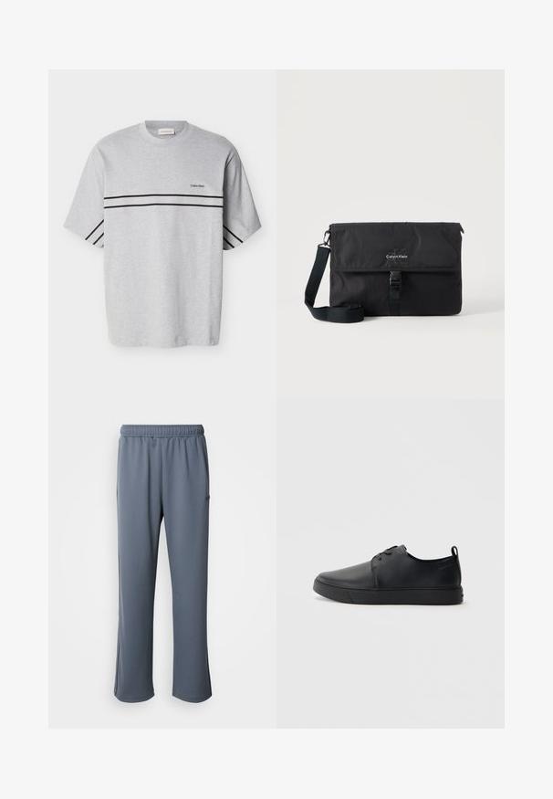 Grå bomulds t-shirt med korte ærmer, med to sorte vandrette striber og et lille logo på brystet. Klassisk rund halsudskæring.; Grå sweatpants med elastisk talje, sidelommer og en afslappet pasform. Fremstillet af blødt stof med en glat tekstur og uden synlige mønstre.; Sorte lædersneakers med en glat finish, rund tå, tonalt syning, snøring foran og en flad gummisål. Løkke ved hælen.; Sort Calvin Klein messenger-taske med justerbar skulderrem og frontklap sikret med spænde, vist mod en ensfarvet baggrund.