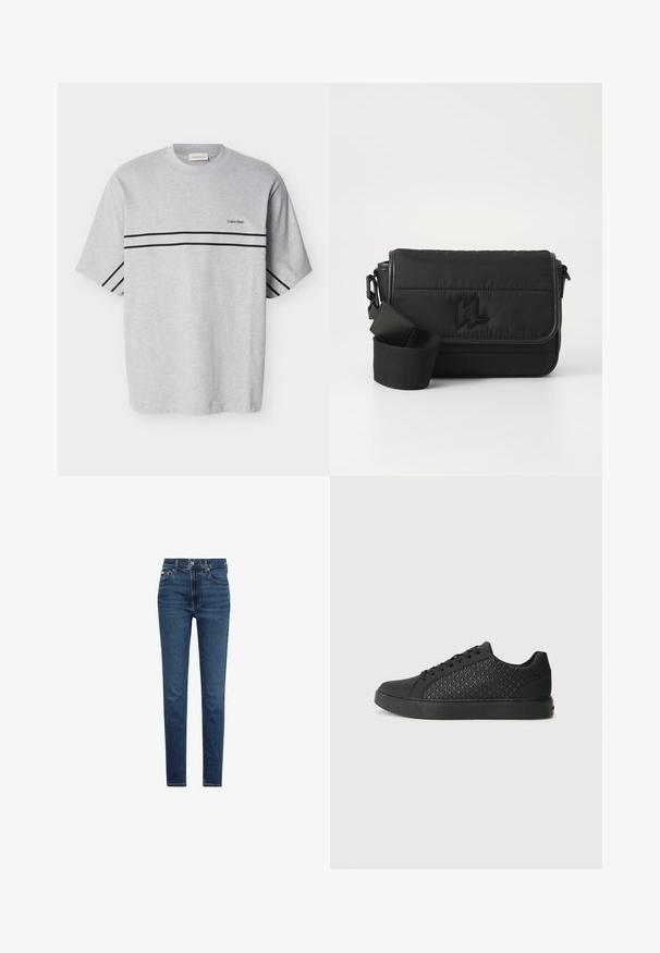 Grå bomulds t-shirt med korte ærmer, med to sorte vandrette striber og et lille logo på brystet. Klassisk rund halsudskæring.; Mørkeblå slim fit jeans med forrest knap- og lynlåsmed lukning, fem lommer og synlige syninger på hvid baggrund.; Sorte sneakers med et struktureret diamantmønster på den laterale side, med en rund tå, flad sål og snørebåndslukning.; Sort messenger taske lavet af nylon, med en quiltet design, justerbar rem og prægede logo på forsiden. Glat tekstur.