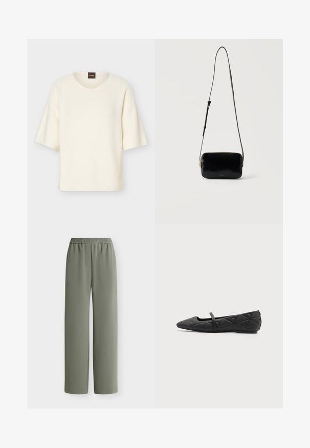 Pull à manches courtes couleur crème avec un col rond et une coupe ample, doté d'une petite étiquette noire avec le texte "BOSS" en orange au niveau du col.; Pantalon ample vert olive avec taille élastique et tissu lisse, montré à plat sur fond blanc.; Chaussure plate noire à bout pointu avec motifs géométriques matelassés et une fine bride sur le cou-de-pied sur fond uni.; Petit sac noir rectangulaire à bandoulière avec une longue sangle ajustable et une fermeture éclair dorée, logo Calvin Klein sur le devant.