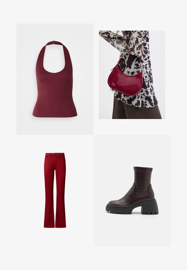 Haut en bourgogne à encolure dégagée, fabriqué en tissu lisse, présentant une silhouette cintrée et de larges bretelles à l'arrière.; Pantalon pattes d'éléphant rouge avec bouton frontal, braguette zippée et style cinq poches, présenté sur un fond blanc.; RAID ELSEA - Bottines à plateau - brown; Femme portant un chemisier à motif noir et blanc tenant un sac à main rouge brillant sur un fond uni.