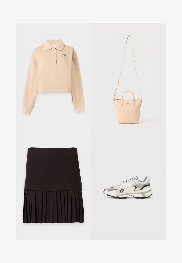 Polo beige à manches longues et court avec col, trois boutons et petit logo vert Lacoste sur le côté gauche de la poitrine.; Jupe noire avec une large ceinture et une partie inférieure plissée, étalée à plat sur un fond blanc.; Baskets volumineuses en blanc, gris et argent métallique avec des panneaux texturés. Comprend une épaisse semelle en caoutchouc noir et un design d'overlay distinctif.; Petit sac à main beige avec deux poignées courtes, une longue bandoulière réglable et un logo crocodile à l'avant.