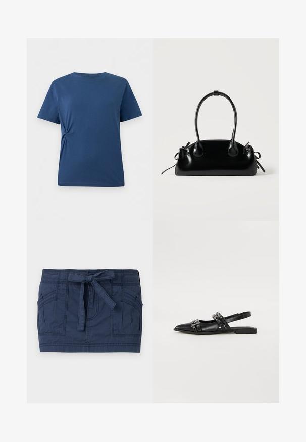 T-shirt bleu à manches courtes avec un subtil nœud latéral à la taille gauche, présenté sur fond blanc.; Mini-jupe bleu marine avec grandes poches avant et ceinture en tissu nouée à la taille, en coton texturé.; Even&Odd by Zalando Ballerines à brides arrière - black; Petit sac à main noir brillant avec deux longues anses et des détails à cordon sur les côtés sur un fond clair uni.