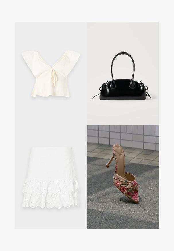 Blouse courte couleur blanc cassé avec larges manches évasées, encolure en V profonde et détail de lien à l'avant.; Jupe en coton blanc présentant un design à volants superposés avec broderie à œillets au bas. Texture lisse, longueur au-dessus du genou.; Chaussure à talons hauts à imprimé floral, avec un bout pointu, fond nude, et un détail froncé à l'avant, agrémentée d'un accent de rose.; Petit sac à main noir brillant avec deux longues anses et des détails à cordon sur les côtés sur un fond clair uni.