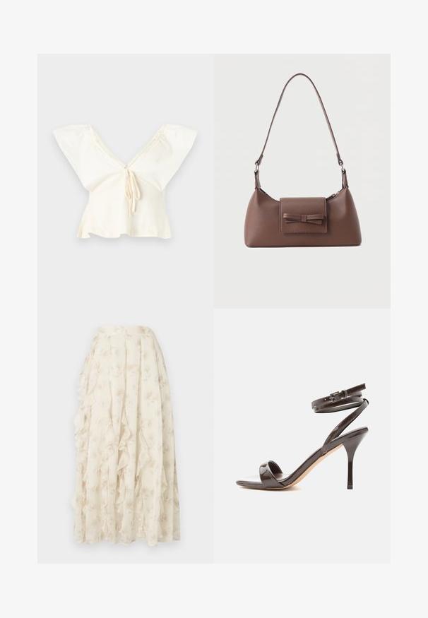 Off-white cropped blouse with wide flutter sleeves, deep V-neckline, and front tie detail.; Long cream skirt with subtle floral pattern and cascading ruffle details, made from lightweight, sheer fabric.; Dark brown patent leather high-heeled sandal with thin ankle wrap strap and open toe on a white background.; Brown leather shoulder bag with a front flap pocket featuring a stitched bow detail and an adjustable strap.